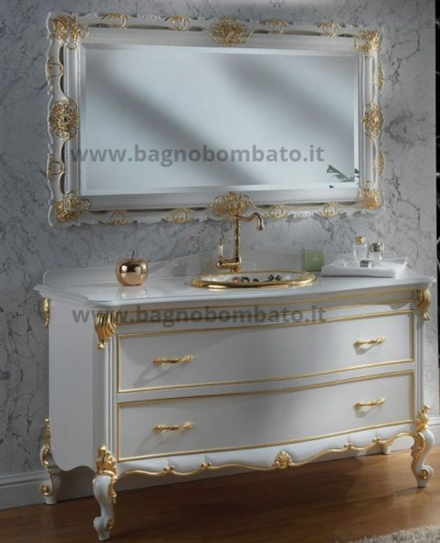 Badezimmermöbel im Barockstil weiß-gold 1,03 cm Breite 77,2 cm komplett mit Waschbecken, Spiegel 