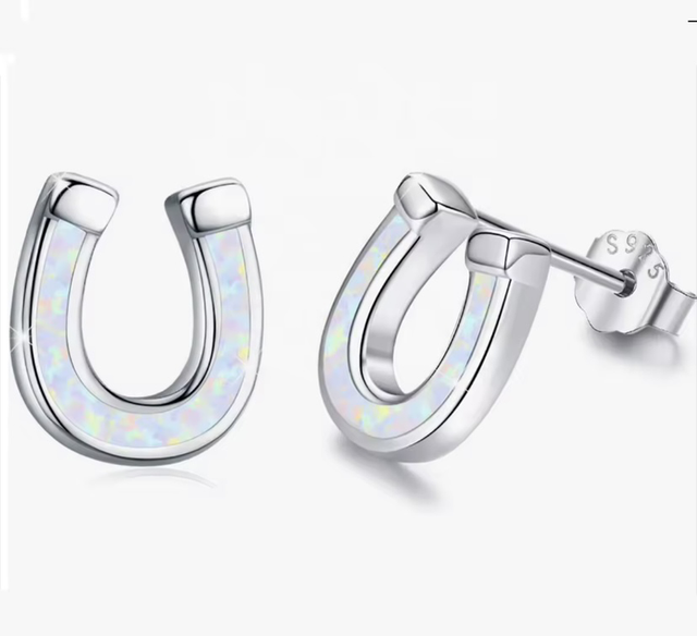 925 Silver Plated with Opal Horseshoe Stud Earrings