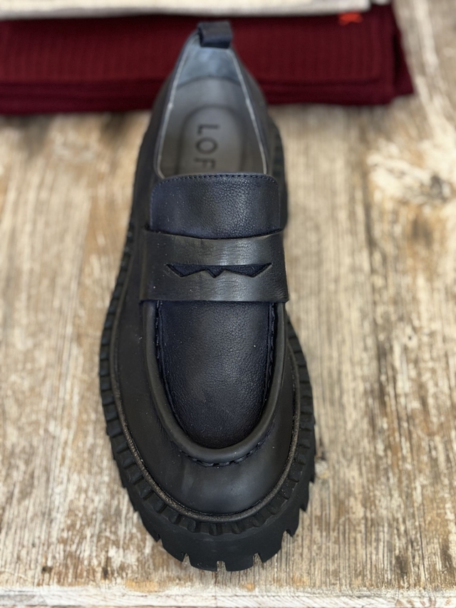 Navy Leather Loafer With Chunky Black Sole