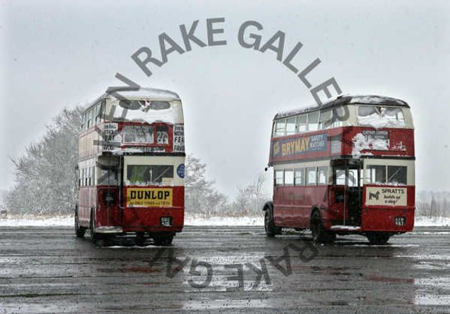 Two 1930s London Transport STL Buses in Snow   Print  Fits A3 frame