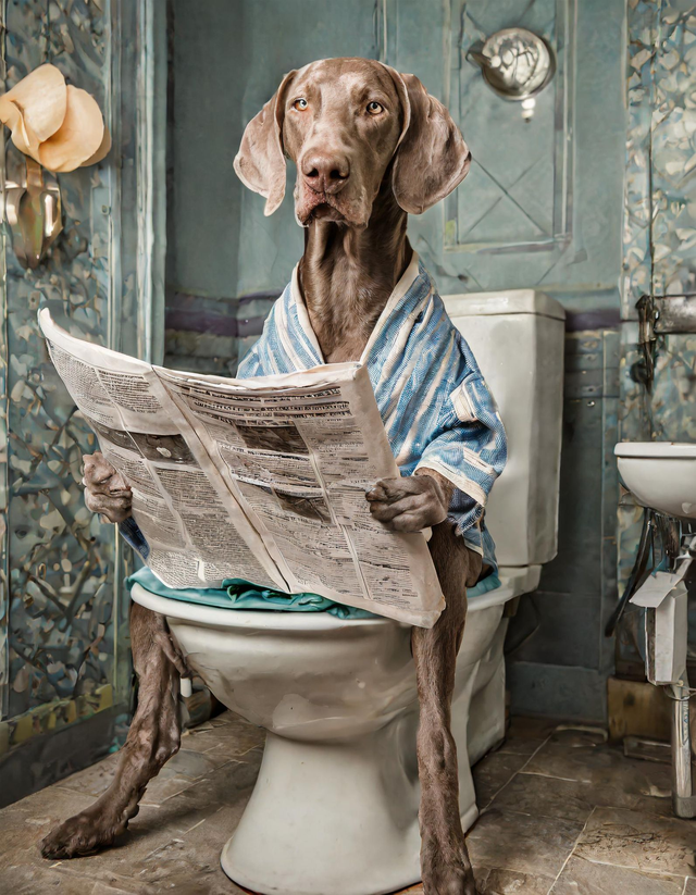 Weimaraner on the Toilet Framed Canvas