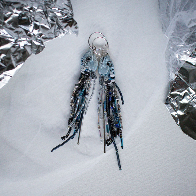 BLUEFISH - sinikala - fish hand embroidered hoop earrings