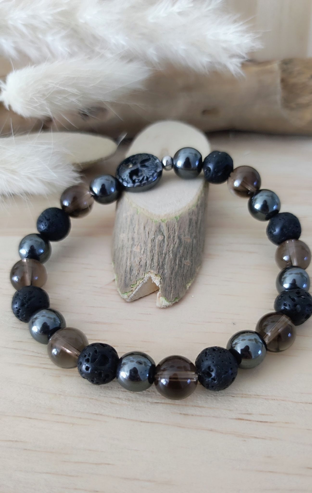 Bracelet Arbre de vie Quartz fumé, Hématite et Pierre de lave