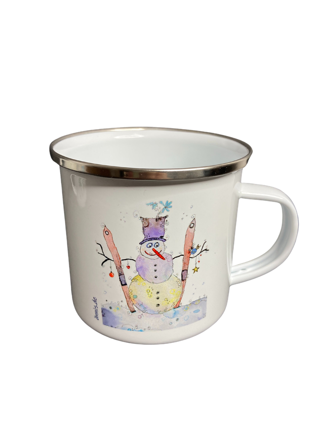 Emailletasse "Schneemann mit Ski"