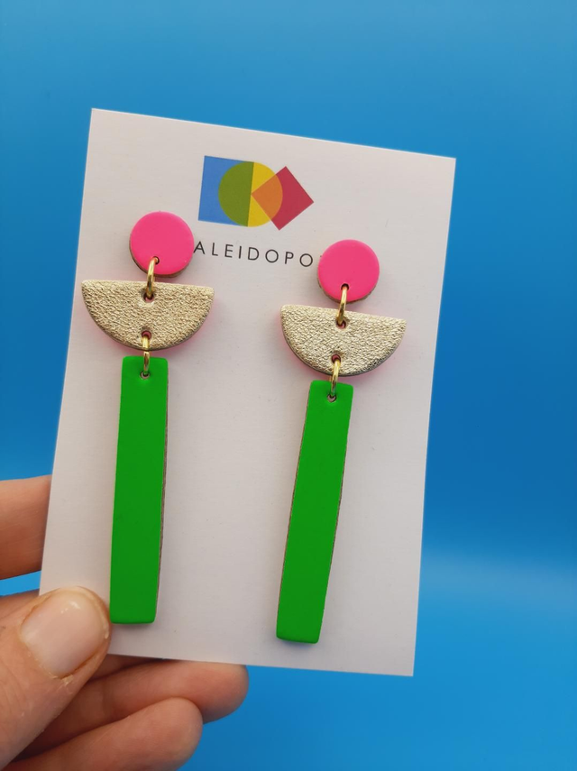Geometric drop earrings  - pink / gold / green