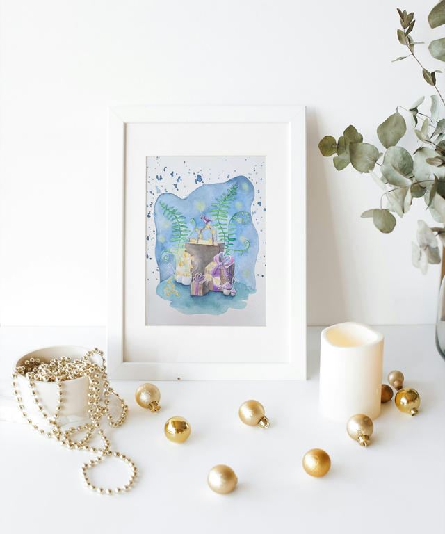 Cadeaux mystérieux, aquarelle originale Forêt enchantée