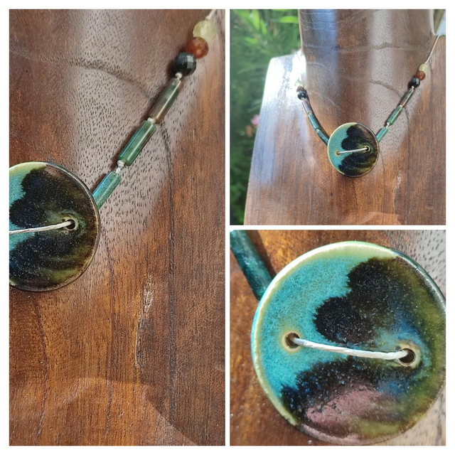 Collier fleur céramique artisanale &amp; agate indienne monté sur fil de lin réglable avec chaîne d&#039;extension -piece unique 