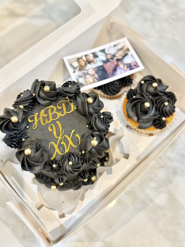 Black &amp; Gold Bento Birthday Cake &amp; Cupcakes