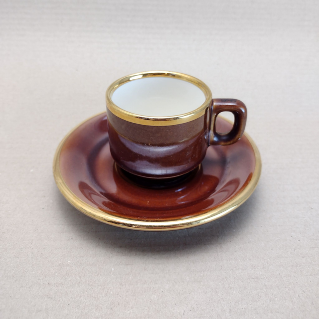 Delaunay St. Uze Drome | Espressokop Kopje (diameter 6,0 cm) en Schotel (diameter 12,5 cm) Bruin met gouden band | Vintage