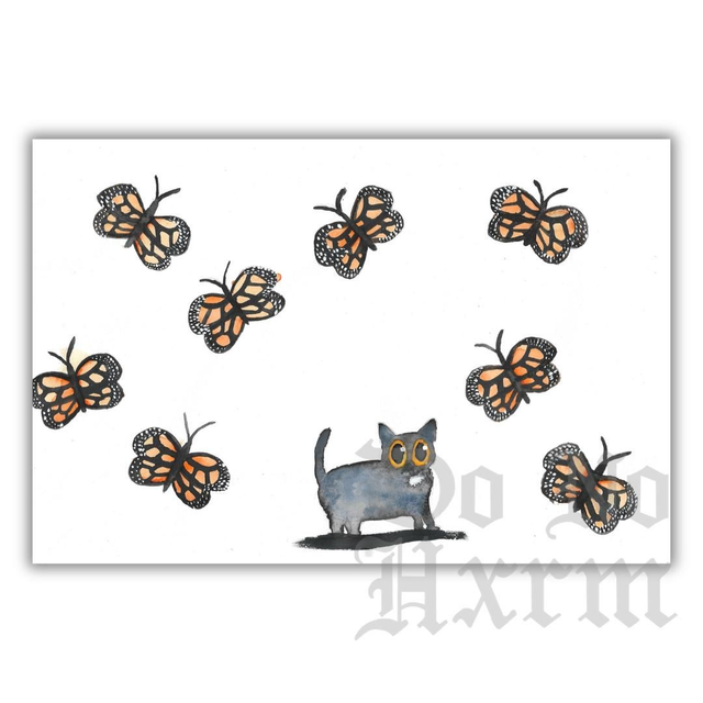 'Butterflies' Black Cat Watercolour Art Print (6x4)