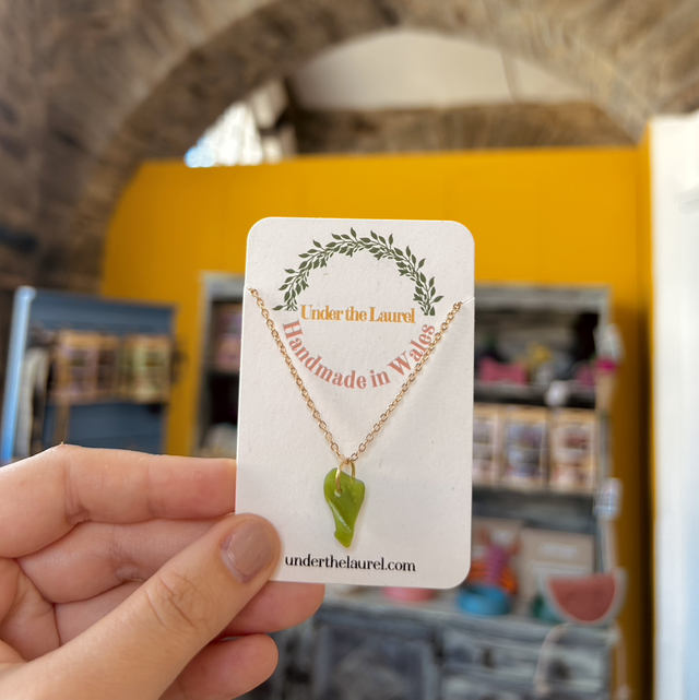 Opaque Green Sea Glass Necklace Gold Plated Chain