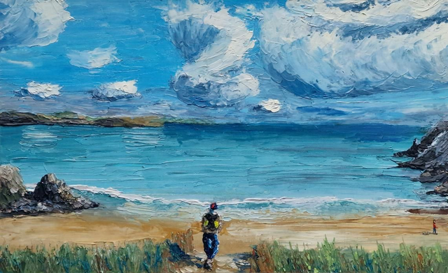 Original art landscape painting, Arriving at Barafundle Bay, Pembrokeshire. Textured artwork. Art for your home.