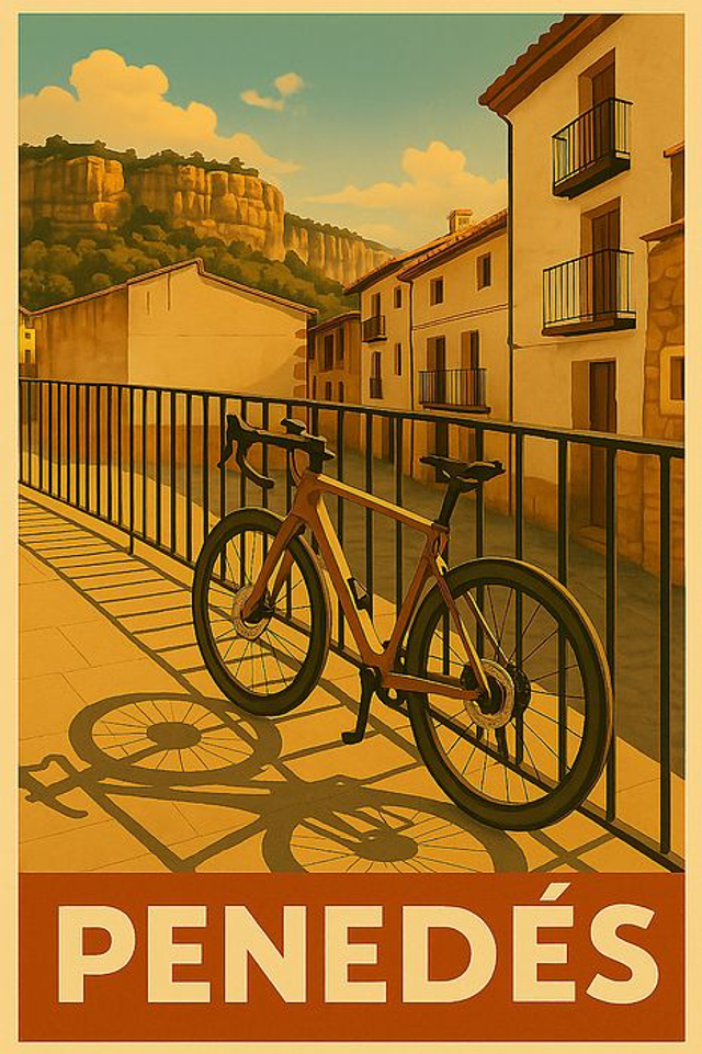 Rutas Ciclistas del Penedès Bicicleta en Pueblo Catalán Cartel de Viaje