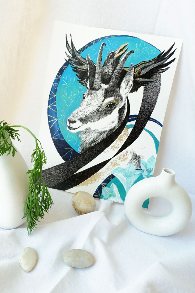 Illustration originale technique mixte Le Chamois et le Corbeau