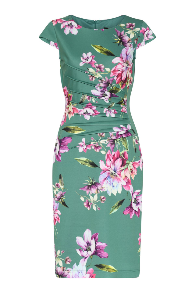 Tia Green Floral Ruched Cap Sleeve Dress