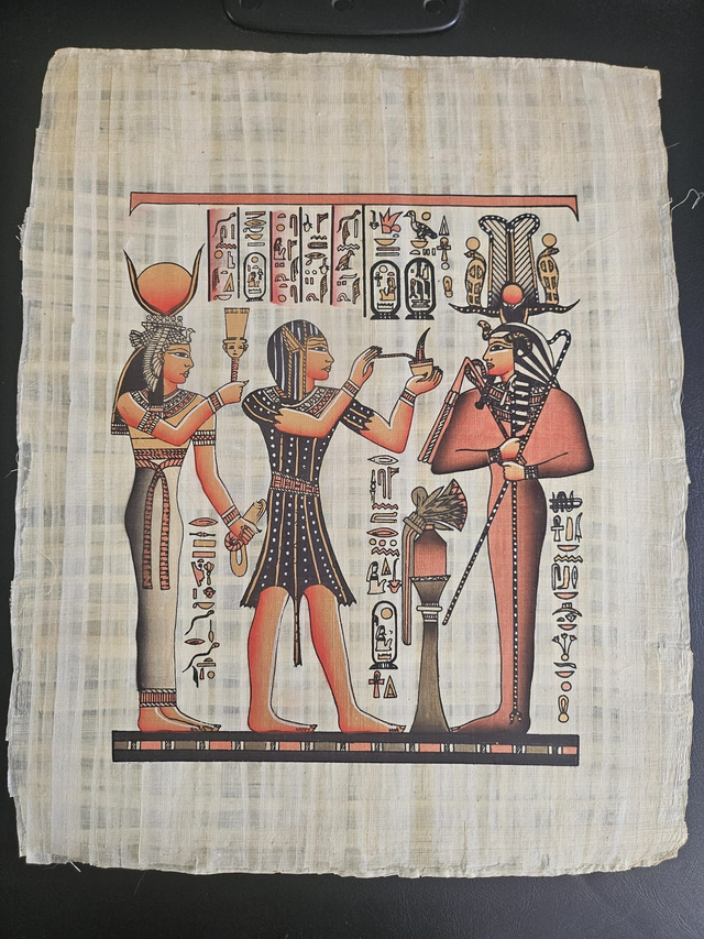 Ancient Egyptian Goddess Hathor &amp; Osiris Papyrus Art – Sacred Offering Ceremony Wall Decor – 23 × 33 cm