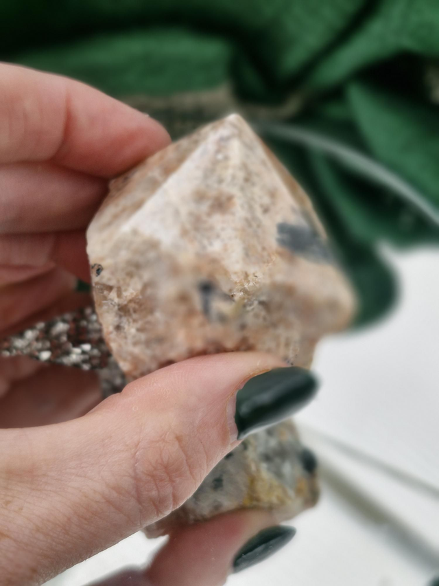 Peach Moonstone and black tourmaline cut base point