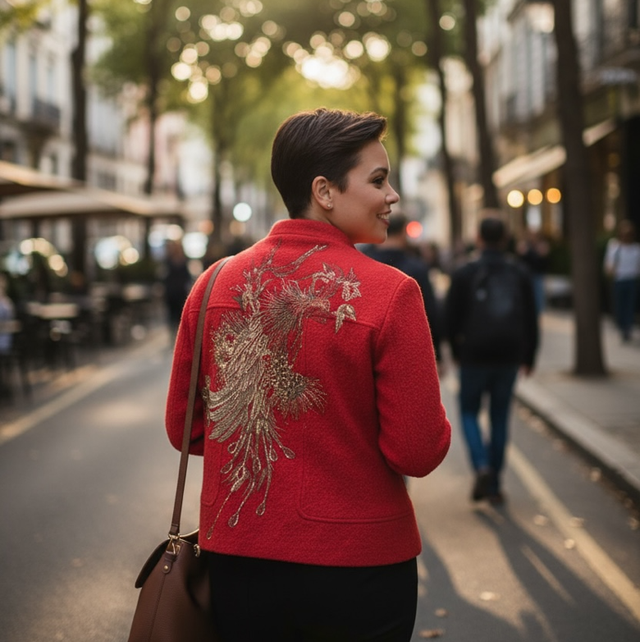 Blouson en laine customisé paon T.44