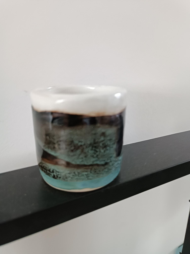 Bol tasse bicolore blanc  bleu vert Temmoku 