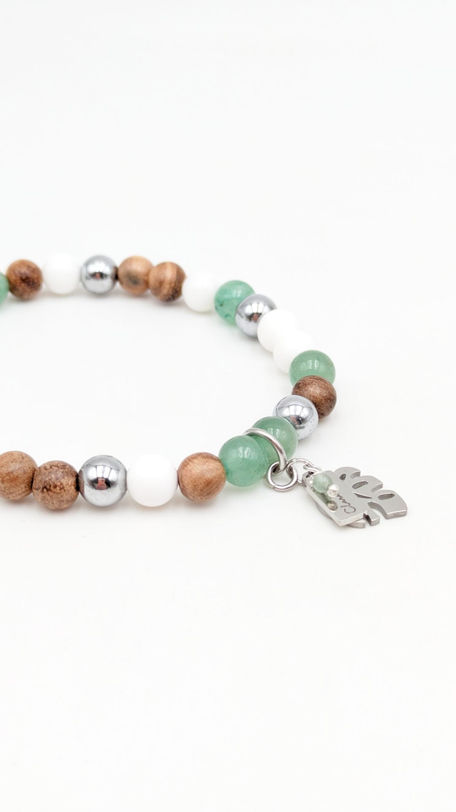 🌿 Bracelet Aventurine, Coquillage, Bois d’encens &amp; Hématite argentée – Monstera