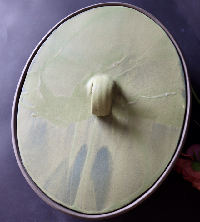 Large Oval Bread Crock, Handmade Pottery, charcoal/dark brown, nature forest colors, eye-catcher