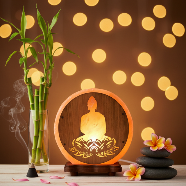 Lampe de Sel d&#039;Himalaya rose à frame - Bouddha Lotus