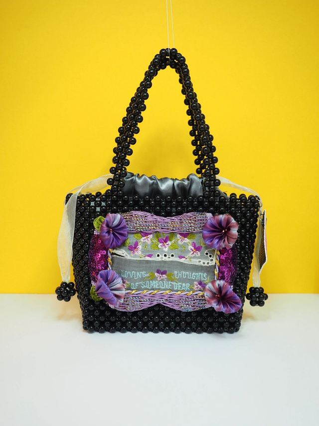 "Loving Thoughts of Someone Dear" Petunia Flowers Black &amp; Lilac Pearl Mini Handbag