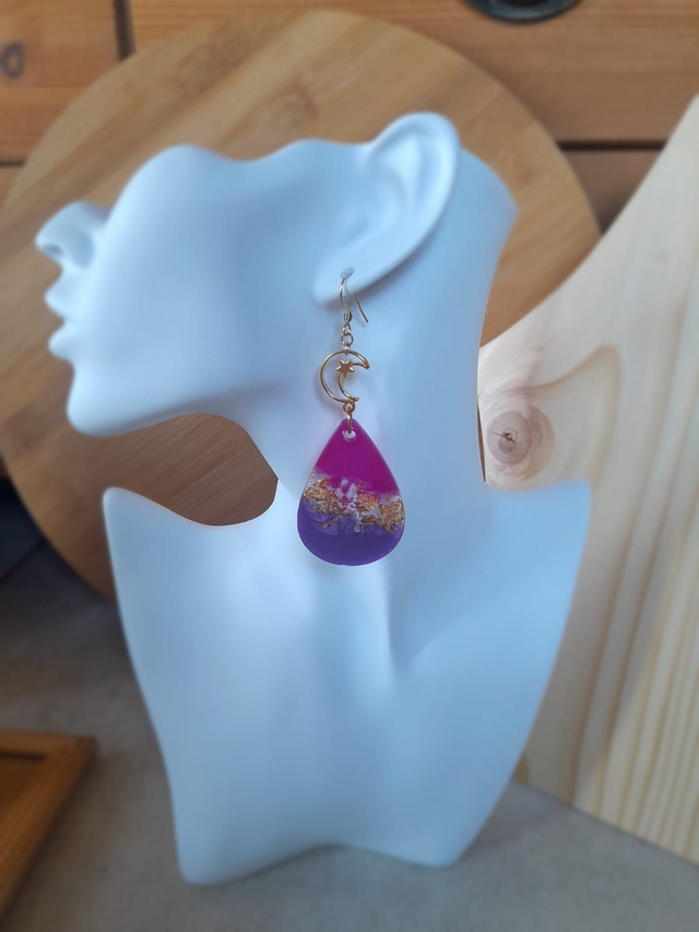 ✨ROMY✨Boucles d'oreilles en résine lune étoilée - Rose violet doré