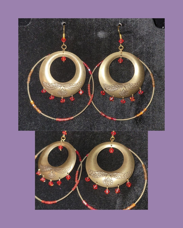 Red Gem - Bronze Hooped Earrings