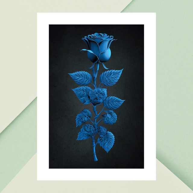 Rose Bleue avec Tige Feuillue Luxuriante / Blue Rose with Lush Leafy Stem: Décoration Murale Murmures de la Natureon 