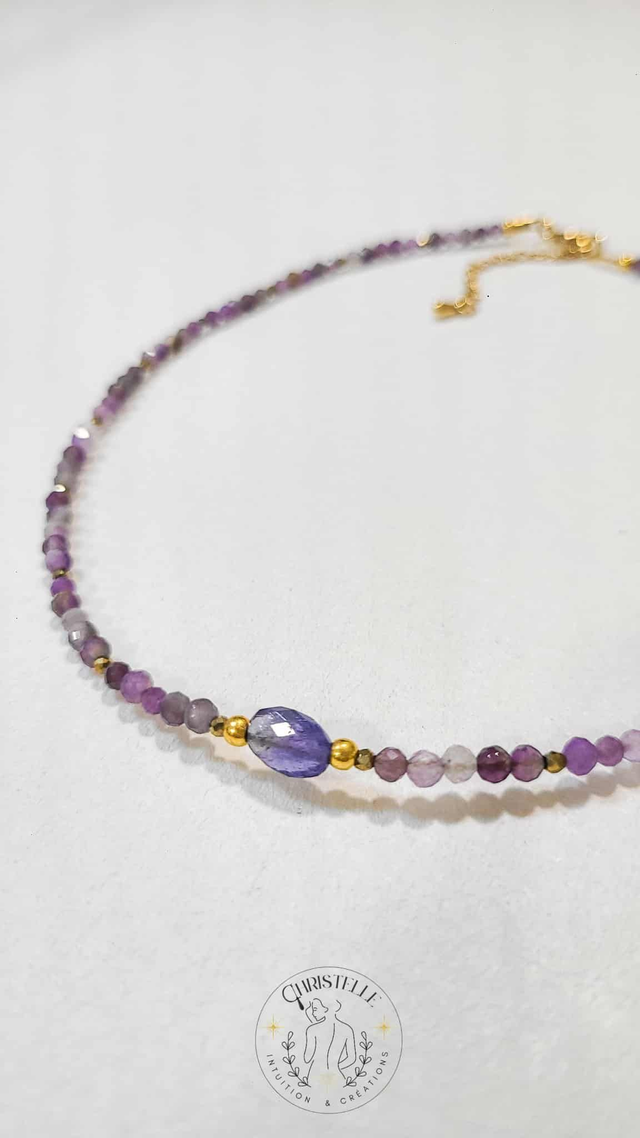 Collier Talisman Améthyste, Pyrite & Tanzanite – Protection et Sérénité