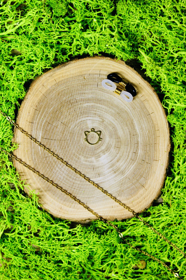 Chaine de lunettes intemporelle dorée personnalisée Chat