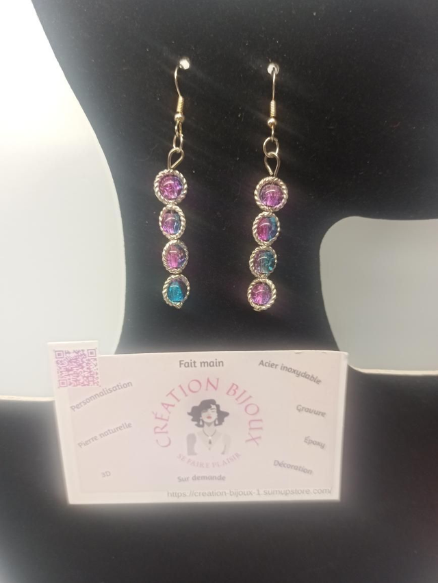 Boucle d'oreille perle rose et bleu 