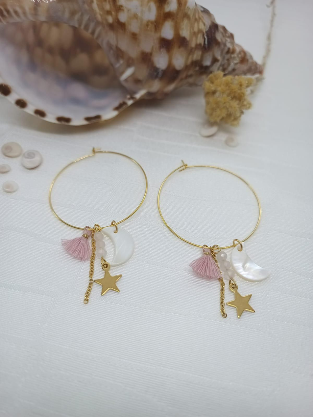 Créoles GHJULIA Dorées Nacre et Quartz Rose - Elégance et douceur