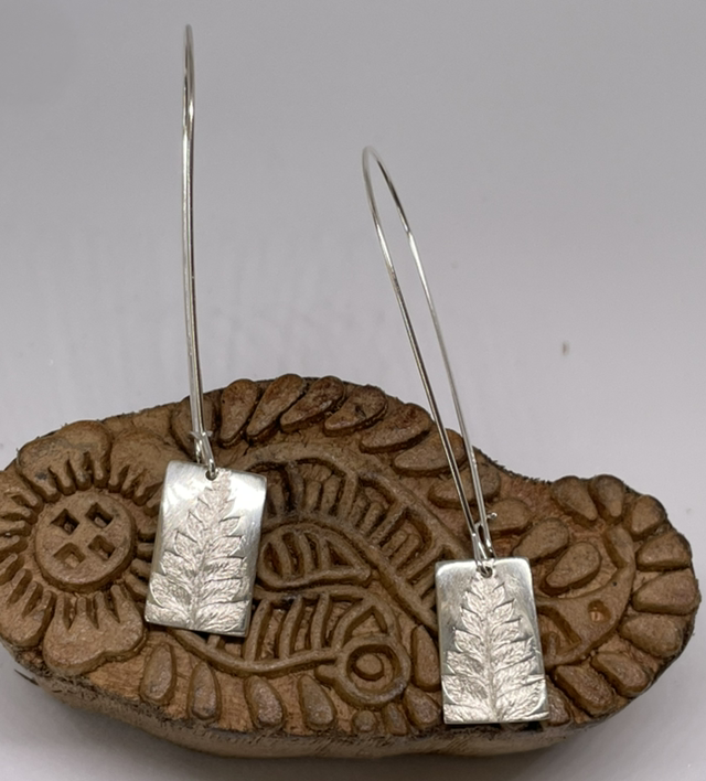 Fern Leaf impression long drop earrings