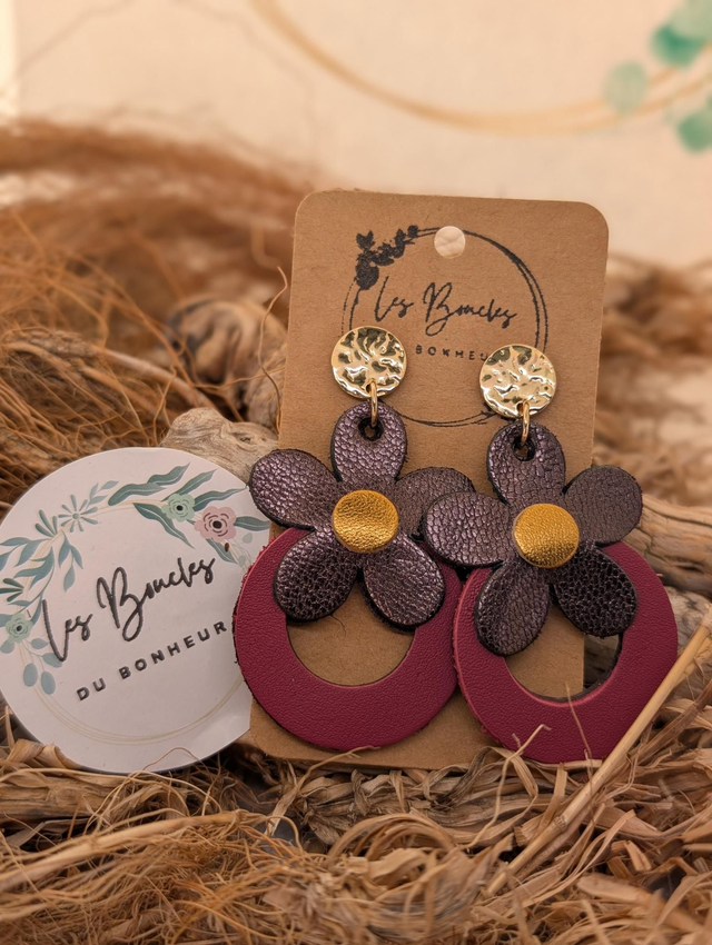 Boucles d'oreilles Baby Marguerite bordeaux doré mo158