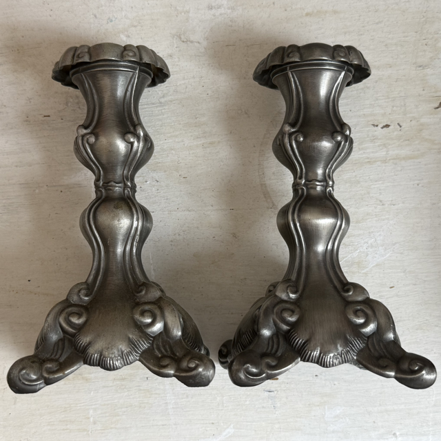 Vintage ornate silver candle holder set 