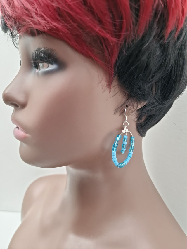 Boucles D&#039;oreilles Créoles Pendantes Acier Perles Bleues Turquoises