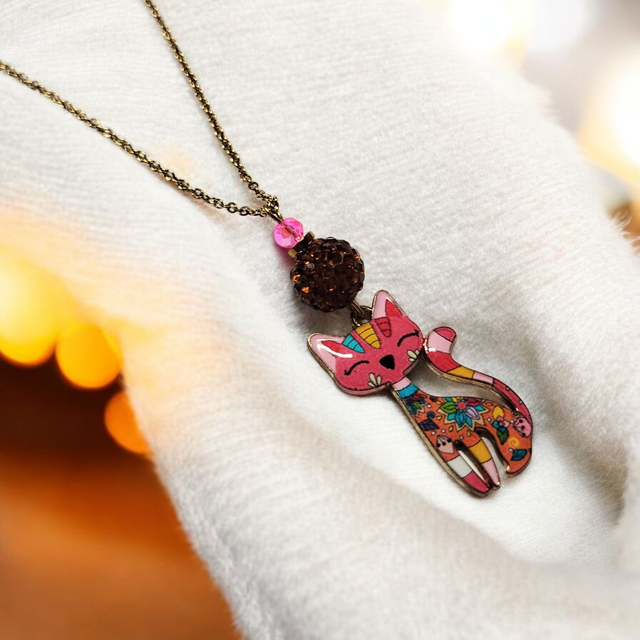Collier acier inoxydable et cristal rose et marron chats