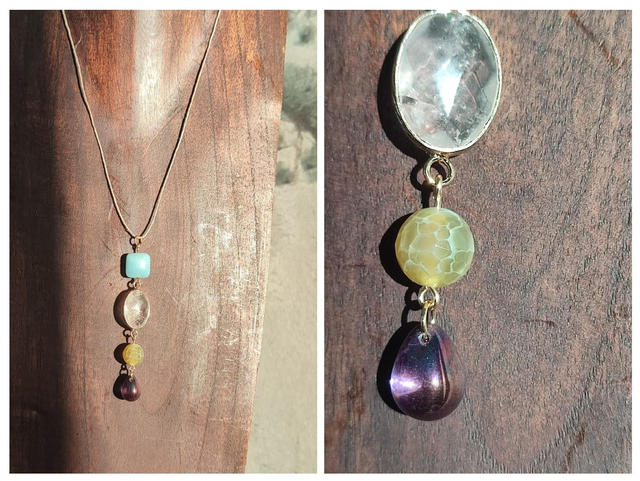 Collier christal de roche, jade, amazonite et goutte en verre violine ,acier inoxydable doré monté sur fil de lin réglable 