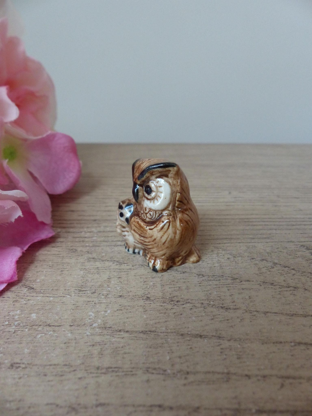 Figurine miniature chouettes, famille chouettes en porcelaine vintage, chouettes à collectionner, cadeau couple ami famille soutien aide