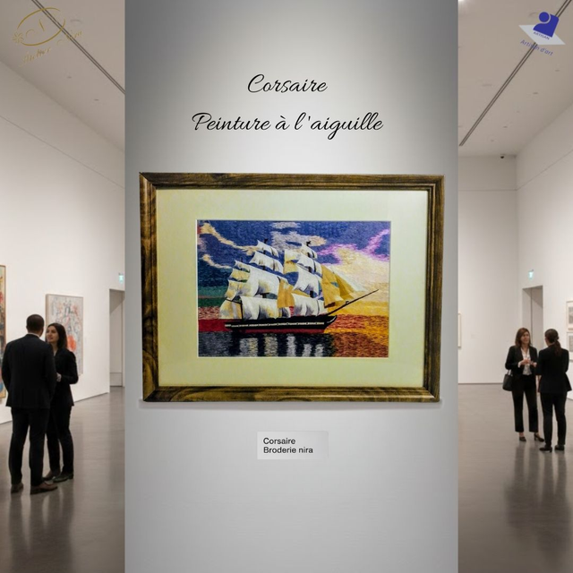 Voilier coursaire tableau unique broderie d'art main