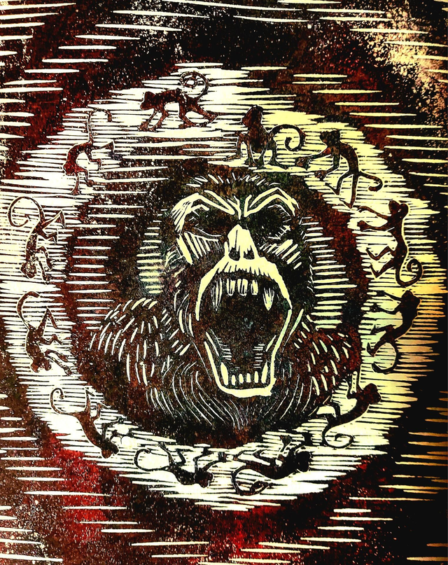 Twelve monkeys lino print