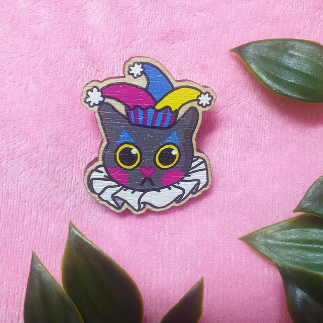 Clown Cat Wooden Pin Badge