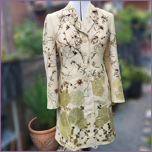 Cream silk, linen and viscose blend jacket - size 8 petite - eco-printed with coreopsis and nasturtiums