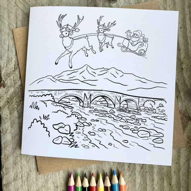 Santa over Sligachan old bridge - Colour-in Christmas card