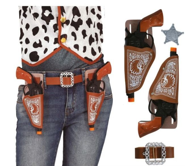 Carnevale , 17118  CINTURONE COW BOY CON 2 FONDINE MARRONE E PISTOLE 