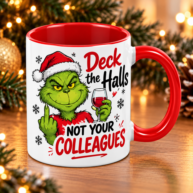Cheeky Grinch Christmas Mug – Red Handle 11oz Ceramic Mug – Funny Christmas Gift