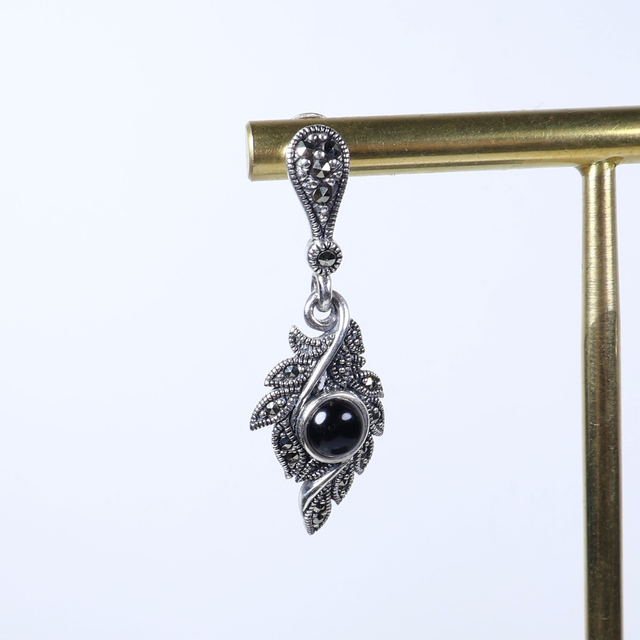 Sterling Silver 925 Art Deco Style Round Cabochon Cut Black Onyx Marcasite Gemstone Feather Design Drop Dangle Earrings