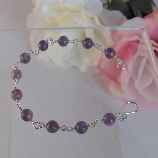 Amethyst gemstone bead bracelet with recycled silver wire wrapped links